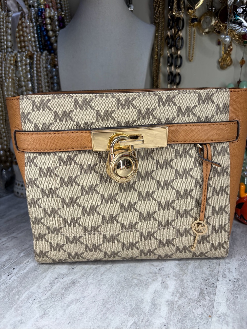 Michael Kors Signature Monogram Crossbody Purse Bag Brown Tan Leather